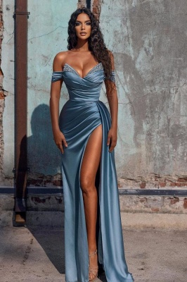 Sexy Long Mermaid Off-the-shoulder Satin Prom Dress with Slit_1