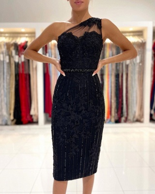 Elegant Black One Shoulder Beading Appliques Lace Knee-length Sheath Prom Dress_3