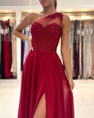 Elegant One Shoulder Appliques Lace Chiffon Ruffles Split A-Line Prom Dress_3