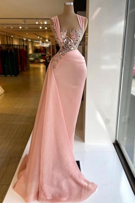 Simple Wide Straps Crystal Ruffles Floor-length Chiffon Mermaid Prom Dresse_1