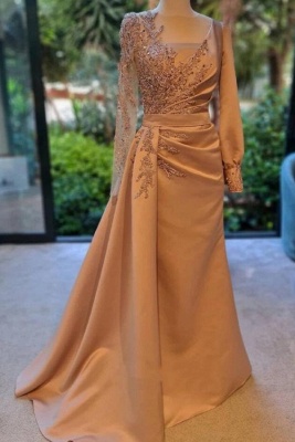 Beautiful A-line Bateau Long Sleeve Appliques Floor-length Ruffles Prom Dresses_1