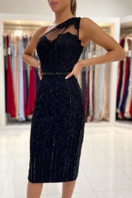 Elegant Black One Shoulder Beading Appliques Lace Knee-length Sheath Prom Dress_1