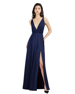 Simple A-line V-neck Floor-length Backless Ruffles Prom Dress With Slit_2