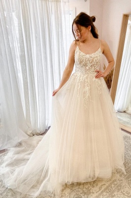 Chic Spaghetti Straps A-Line Appliques Lace Tulle Floor-length Wedding Dress_1
