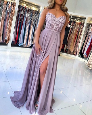 Long A-line Sweetheart Satin Backless Floral Lace Prom Dress with Slit_2