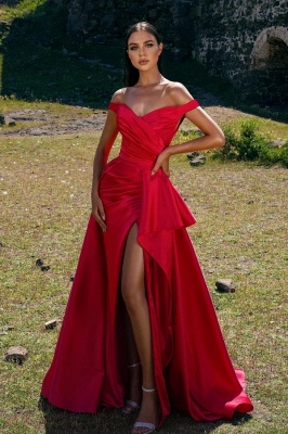 Sexy Red Off-the-shoulder Sweetheart Floor-length Ruffles Split A-Line Prom Dress_1
