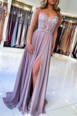 Long A-line Sweetheart Satin Backless Floral Lace Prom Dress with Slit_1