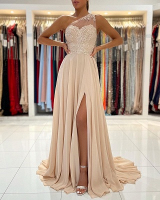 Simple One Shoulder A-line Floor-length Chiffon Ruffles Split Backless Prom Dress_3