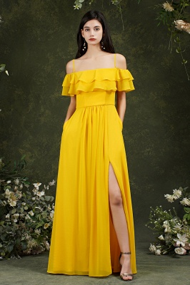 Charming Yellow Chiffon Spaghetti Straps A-line Split Bridesmaid Dress With Ruffles Pockets