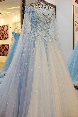 Fascinating Off-the-shoulder Long Sleeve Tulle Floral Pearl Ball Gown Prom Dress_1