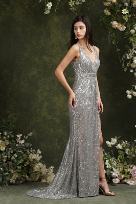 Sparkly Mermaid Wide Straps V-neck Sequins Bridesmaid Dress With Side Slit_6