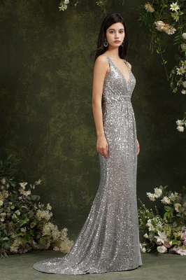 Sparkly Mermaid Wide Straps V-neck Sequins Bridesmaid Dress With Side Slit_5