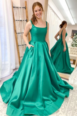 A-line Satin Backless Spaghetti Straps Floor-length Ruffles Prom Dress With Pockets_1