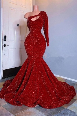 Brilliant One Shoulder Long Sleeve Sequins Floor-length Mermaid Prom Dress_1