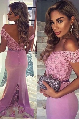 Glamorous Off-the-shoulder Appliques Lace Backless Mermaid Prom Dress_1