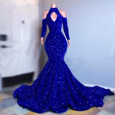 Sparkly Sequins Halter Keyhole Long Sleeve Mermaid Floor-length Prom Dress_2