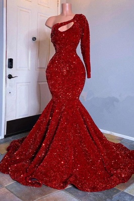 Brilliant One Shoulder Long Sleeve Sequins Floor-length Mermaid Prom Dress_2