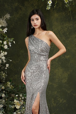 Sparkly One Shoulder Sequins Mermaid Floor-length Bridesmaid Dress With Side Slit_5