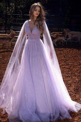Ethereal V-neck Long Sleeves Tulle Prom Dress