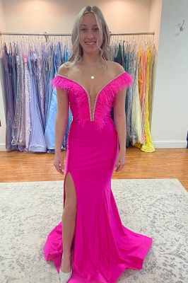 Stunning Fuchsia Off-the-shoulder Feather Beading Floor-length Mermaid Prom Dress With Side Slit_1