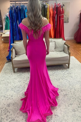 Stunning Fuchsia Off-the-shoulder Feather Beading Floor-length Mermaid Prom Dress With Side Slit_2