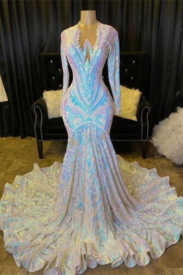 Shiny V-neck Long Sleeves Sequins Ruffles Floor-length Mermaid Prom Dress_1