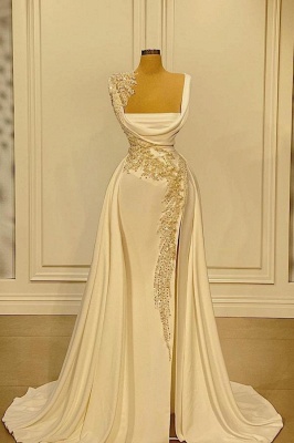 A-Line Wide Straps Square Neckline Beading Prom Dress With Side Slit_1