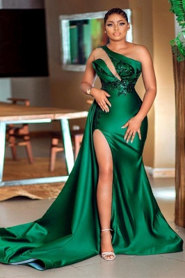 Glamorous One Shoulder Beading Split Mermaid Prom Dress With Side Train_1