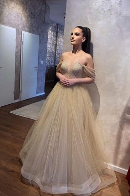 Beautiful A-Line Off the Shoulder Sweetheart Beading Tulle Floor-length Wedding Dress