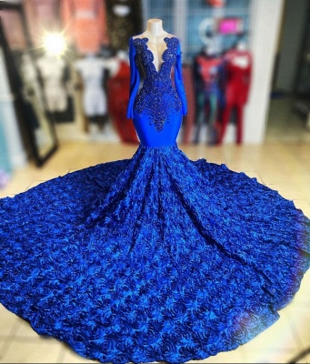 Charming Blue Long Sleeveless Mermaid V-neck Lace Satin Prom Dress_1