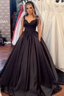 Black Wide Straps Sweetheart Ruffles Ball Gown Wedding Dress With Pockets_1