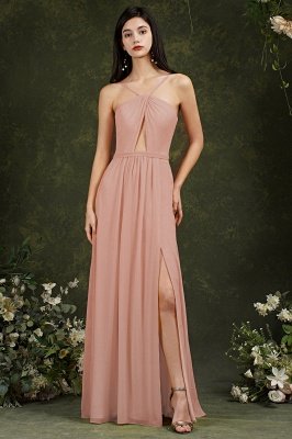 Chic Spaghetti Straps Halter A-Line Floor-length Split Bridesmaid Dress With Pockets