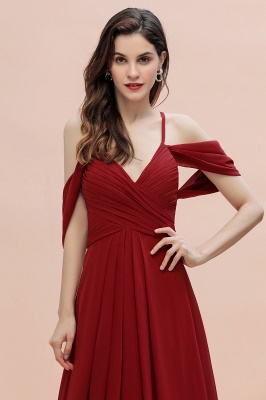 Elegant Dark Red Spaghetti Strap Sweetheart A-Line Off the Shoulder Bridesmaid Gown with Ruffles_5