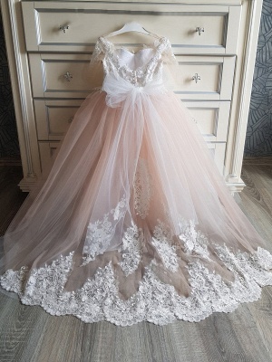 Boho Long Princess Tulle Lace Flower Girl Dresses with Sleeves_4