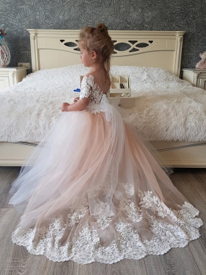 Boho Long Princess Tulle Lace Flower Girl Dresses with Sleeves_2