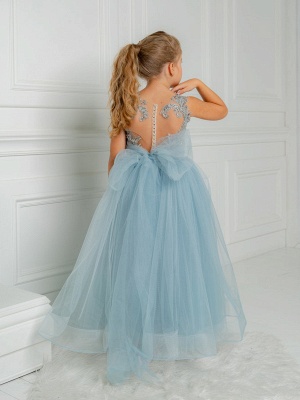Boho Blue Long A-line Tulle Beading Flower Girls Dresses with bow_2