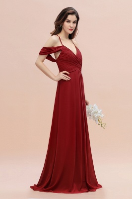 Elegant Dark Red Spaghetti Strap Sweetheart A-Line Off the Shoulder Bridesmaid Gown with Ruffles_3
