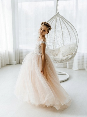 Boho Long Tulle Open Back Ball Gown Flower Girl Dresses with bow_2