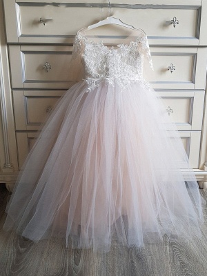 Boho Princess Long Lace Tulle Flower Girl Dresses with Sleeves_3