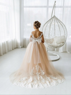 Boho Long Tulle Open Back Ball Gown Flower Girl Dresses with bow_3