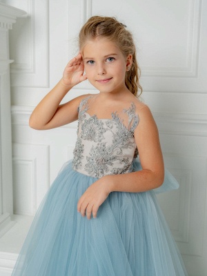 Boho Blue Long A-line Tulle Beading Flower Girls Dresses with bow_3