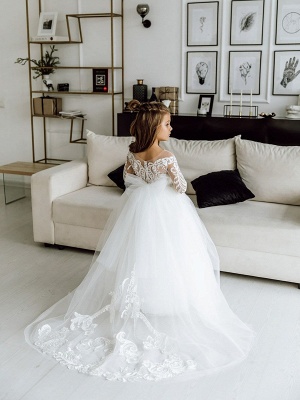 Long White Ball Gown Tulle Lace Flower Girl Dress with Sleeves_2