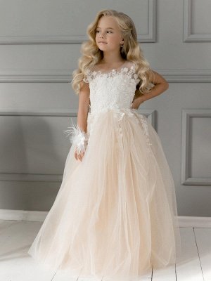 Simple Long A-line Tulle Appliques Lace Flower Girl Dresses