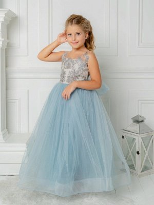 Boho Blue Long A-line Tulle Beading Flower Girls Dresses with bow