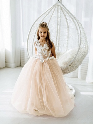Cute Long Ball Gown Lace Sleeveless Tulle Flower Girl Dress with Bow_7