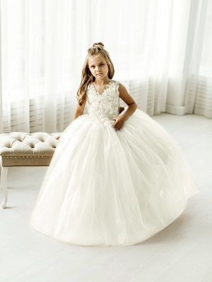 Cute Long Ball Gown Lace Sleeveless Tulle Flower Girl Dress with Bow_10