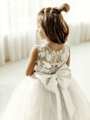Cute Long Ball Gown Lace Sleeveless Tulle Flower Girl Dress with Bow_5