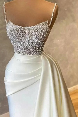 Charming White Spaghetti Strap Beading Pearl Sleeveless Chapel Train Satin Prom Dress_3