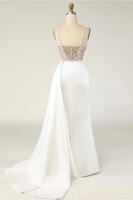 Charming White Spaghetti Strap Beading Pearl Sleeveless Chapel Train Satin Prom Dress_2