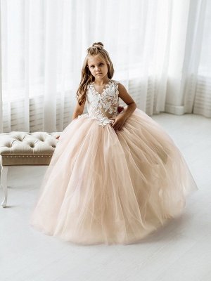 Cute Long Ball Gown Lace Sleeveless Tulle Flower Girl Dress with Bow_4